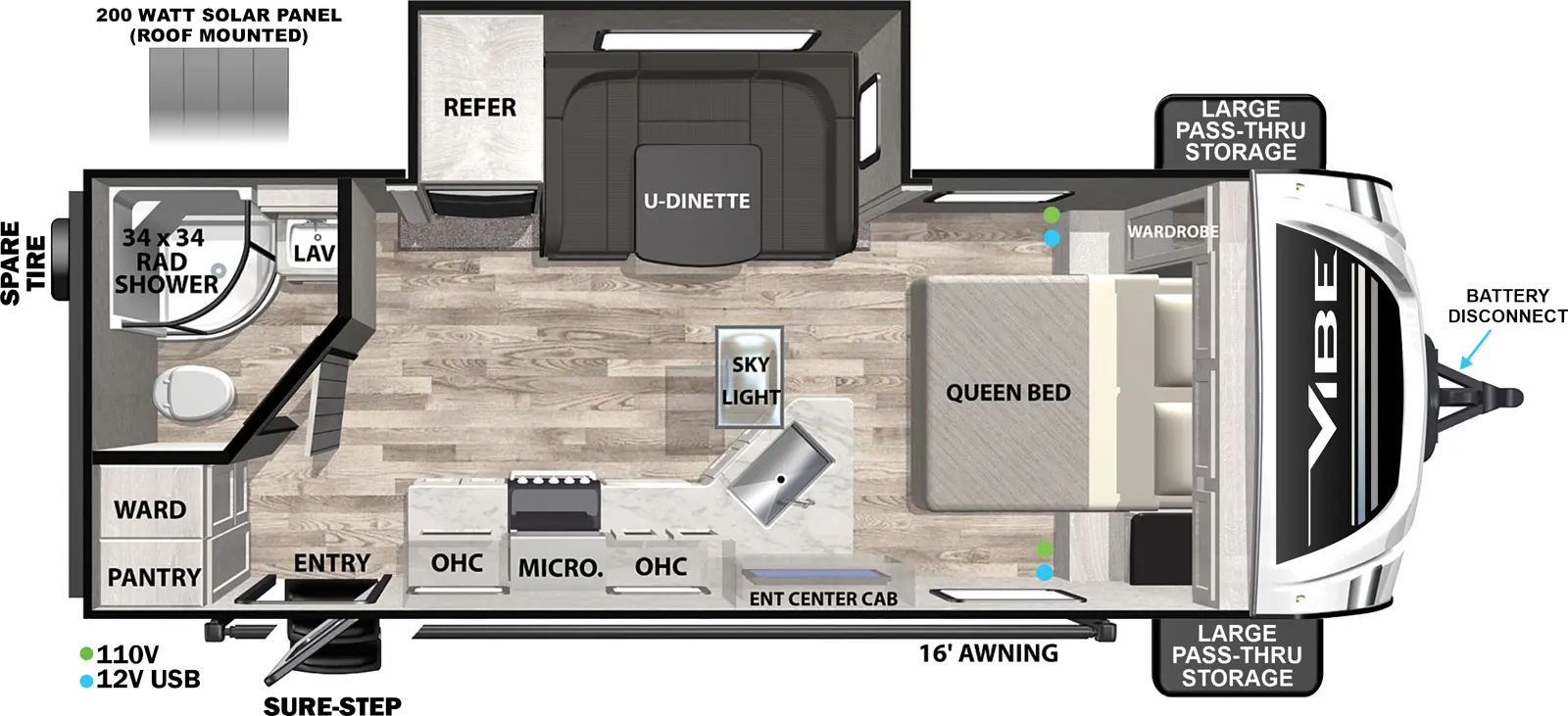 The Vibe West 22RB floorplan has one entry and one slide out. Exterior features include: fiberglass exterior and 16' awning. Interiors features include: u-dinette and front bedroom.